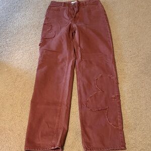 PacSun Rust Red/Brown Distressed 90s Boyfriend Jeans With Flower Design